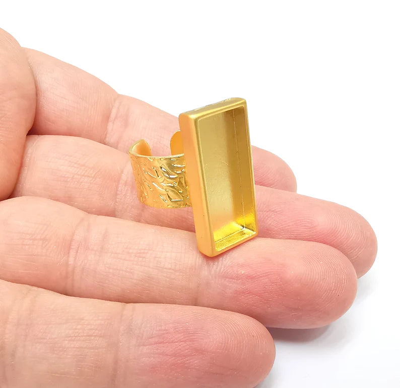 Gold Ring Rectangle Blank Setting, Cabochon Blank, Resin Bezel, Ring Mounting, Epoxy Frame Base, Adjustable Gold Plated 25x10mm G35857