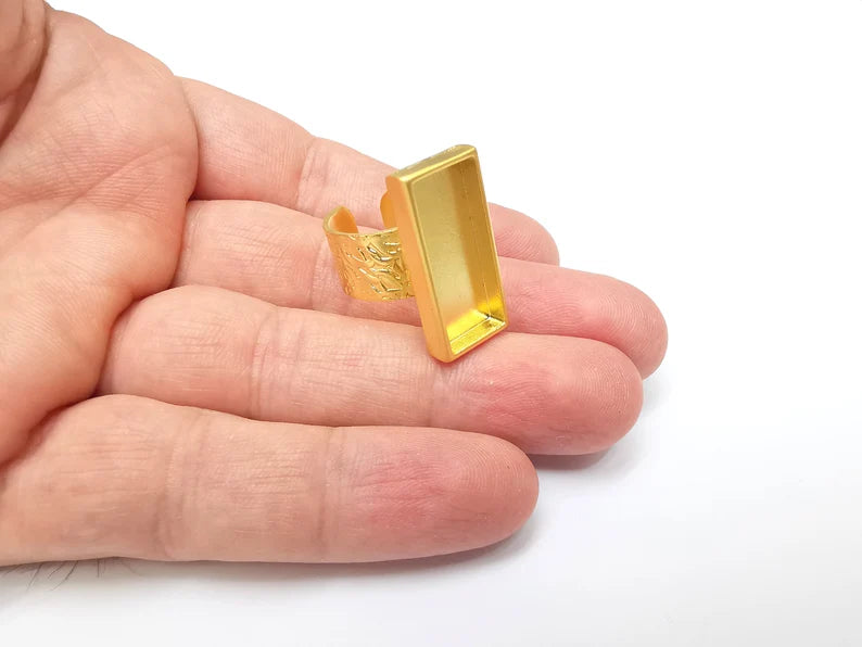 Gold Ring Rectangle Blank Setting, Cabochon Blank, Resin Bezel, Ring Mounting, Epoxy Frame Base, Adjustable Gold Plated 25x10mm G35857
