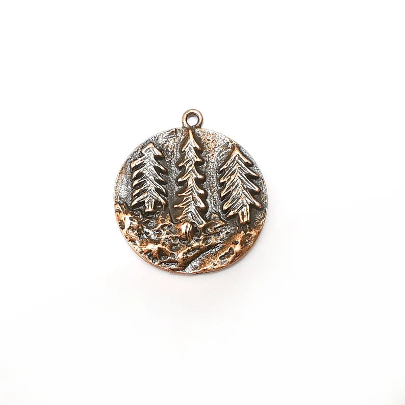 Copper Pine Tree Charms, Forest Charms, Earring Charms, Copper Pendant, Necklace Parts, Antique Copper Plated 29x26mm G35862