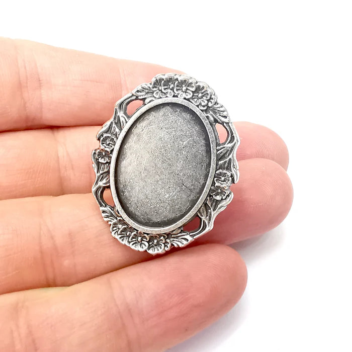 Silver Ring Setting, Cabochon Blank, Resin Bezel, Round Ring Mounting, Epoxy Frame Base, Adjustable Antique Silver Plated 25x18mm G36040