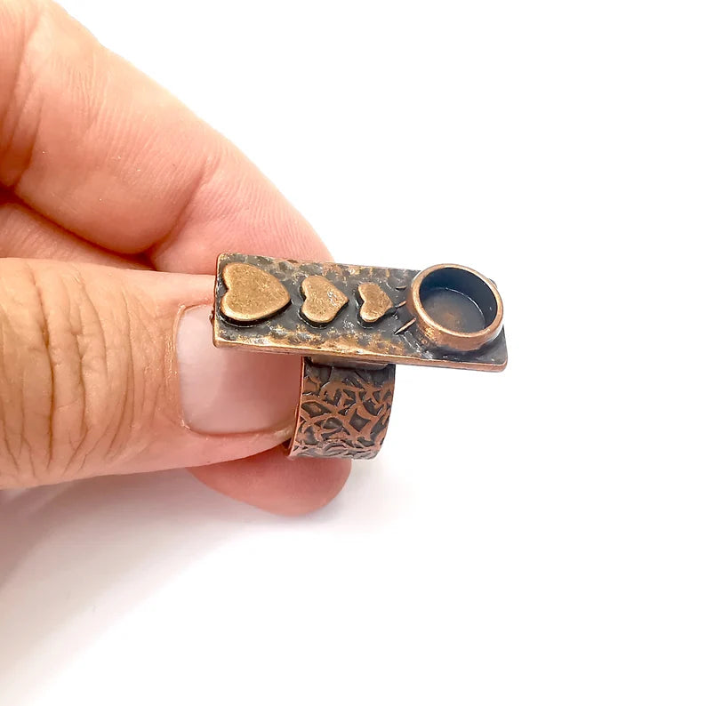 Copper Heart Ring Setting, Cabochon Blank, Resin Bezel, Round Ring Mounting, Epoxy Frame Base, Adjustable Antique Copper Plated 8mm G36044