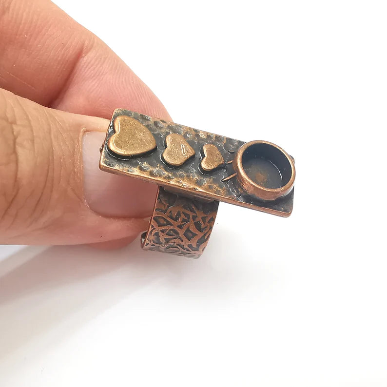 Copper Heart Ring Setting, Cabochon Blank, Resin Bezel, Round Ring Mounting, Epoxy Frame Base, Adjustable Antique Copper Plated 8mm G36044