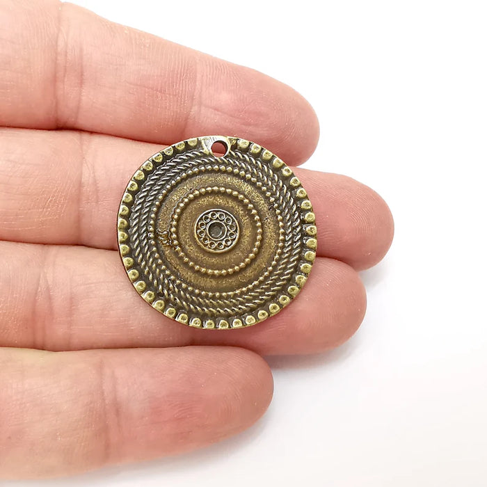 Bronze Disc Charms, Ethnic Charms, Jewelry Parts, Bracelet Component, Antique Bronze Plated Metal Charms (33mm) G35873