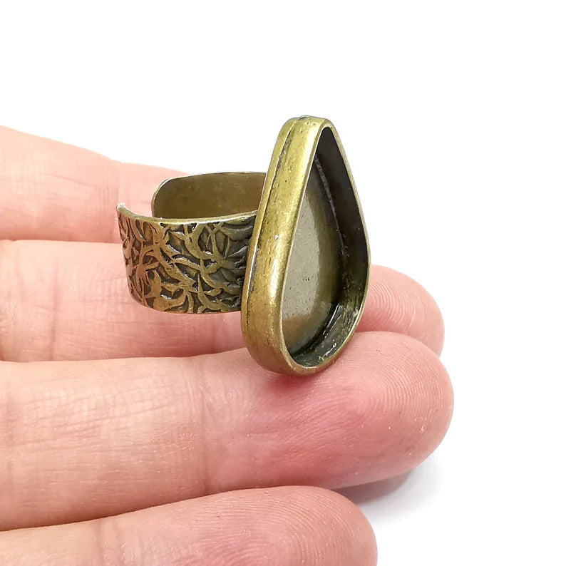 Bronze Ring Setting, Cabochon Blank, Resin Bezel, Drop Ring Mounting, Epoxy Frame Base, Adjustable Antique Bronze Plated 25x18mm G35875