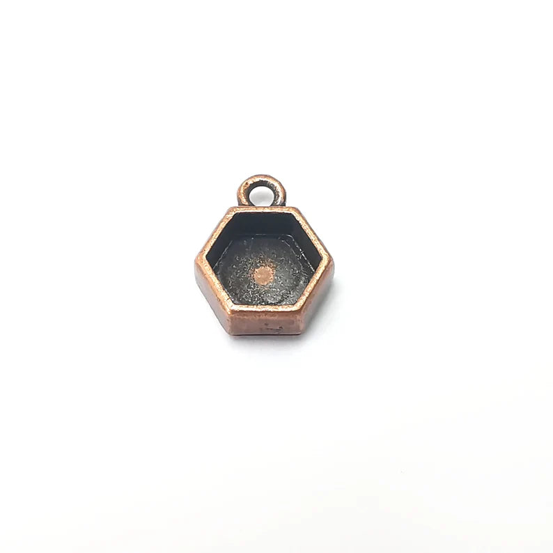 5 Hexagonal Pendant Blanks, Resin Bezel Bases, Mosaic Mountings, Dry flower Frame, Polymer Clay base, Antique Copper Plated (8mm) G36048