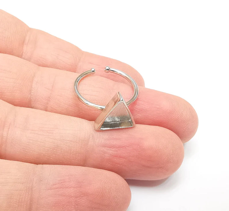 Shiny Silver Triangle Ring Setting, Cabochon Blank, Resin Bezel, Ring Mounting, Epoxy Frame, Adjustable Rhodium Plated Brass 10mm G35883