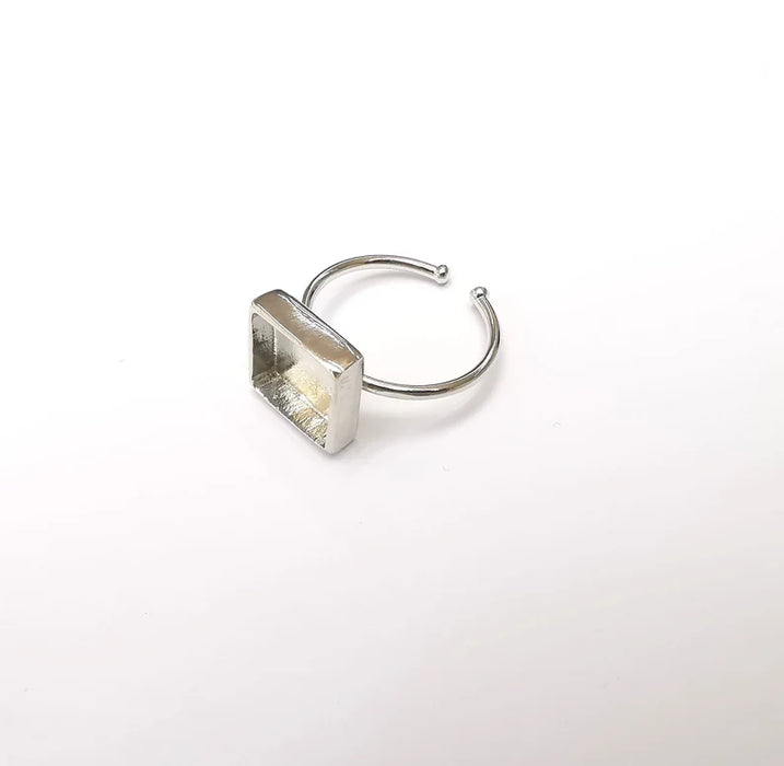 Shiny Silver Square Ring Setting, Cabochon Blank, Resin Bezel, Ring Mounting, Epoxy Frame Base, Adjustable Rhodium Plated Brass 10mm G35893