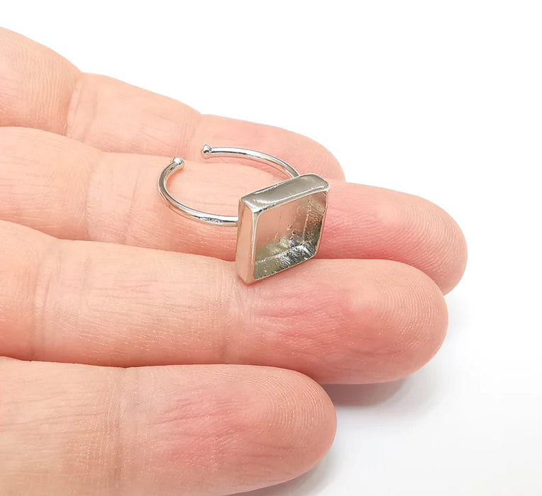 Shiny Silver Square Ring Setting, Cabochon Blank, Resin Bezel, Ring Mounting, Epoxy Frame Base, Adjustable Rhodium Plated Brass 10mm G35893