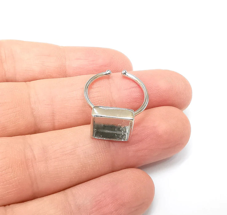 Shiny Silver Square Ring Setting, Cabochon Blank, Resin Bezel, Ring Mounting, Epoxy Frame Base, Adjustable Rhodium Plated Brass 10mm G35893