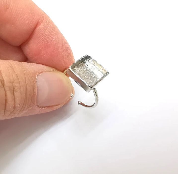 Shiny Silver Square Ring Setting, Cabochon Blank, Resin Bezel, Ring Mounting, Epoxy Frame Base, Adjustable Rhodium Plated Brass 10mm G35893