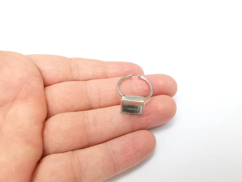 Shiny Silver Square Ring Setting, Cabochon Blank, Resin Bezel, Ring Mounting, Epoxy Frame Base, Adjustable Rhodium Plated Brass 10mm G35893