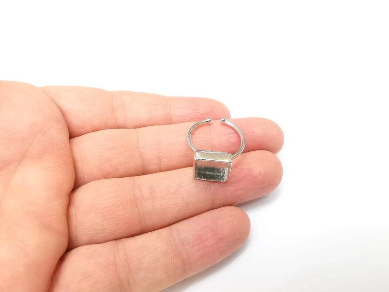 Shiny Silver Square Ring Setting, Cabochon Blank, Resin Bezel, Ring Mounting, Epoxy Frame Base, Adjustable Rhodium Plated Brass 10mm G35893