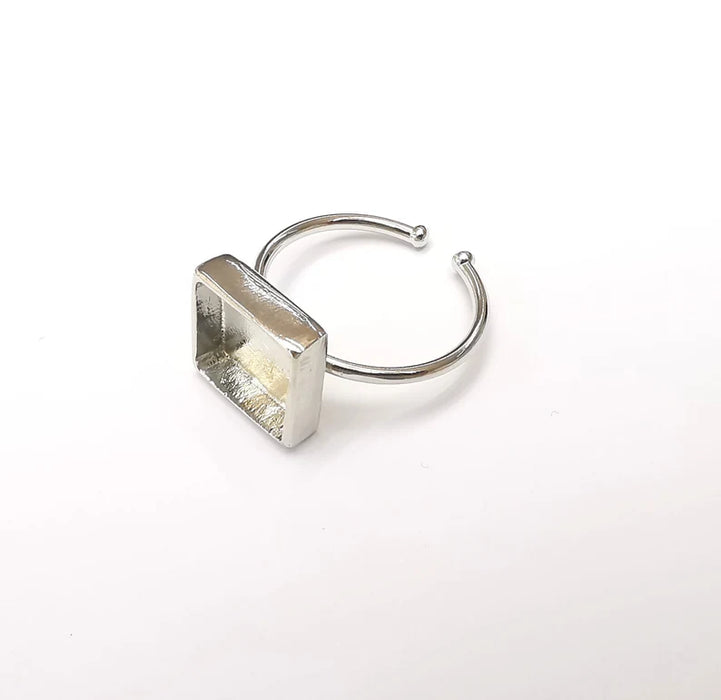 Shiny Silver Square Ring Setting, Cabochon Blank, Resin Bezel, Ring Mounting, Epoxy Frame Base, Adjustable Rhodium Plated Brass 10mm G35893