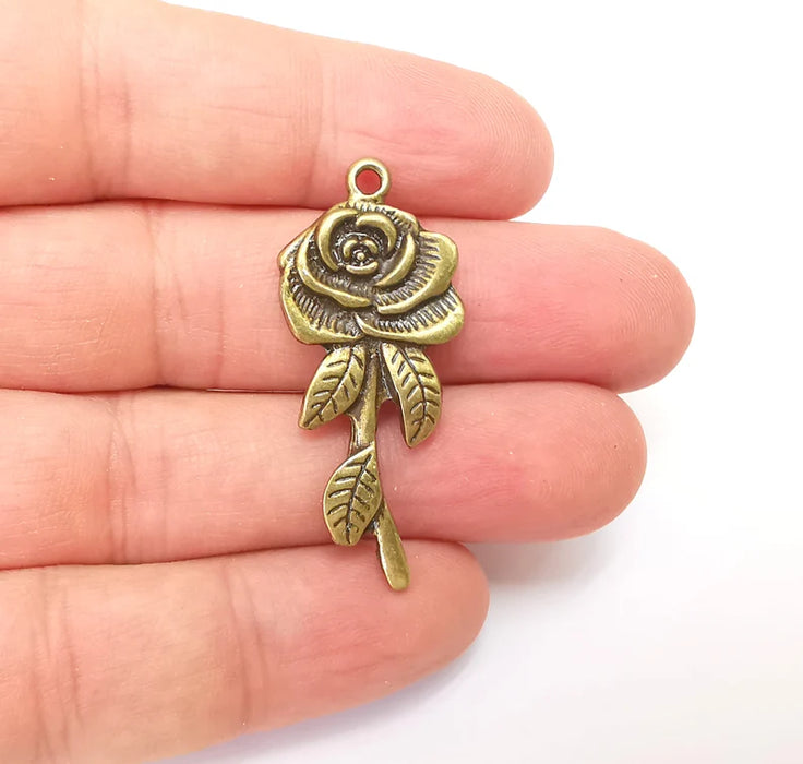 Rose Charms Flower Charms, Bronze Pendant, Earring Charms, Bronze Pendant, Necklace Pendant, Antique Bronze Plated Metal 42x17mm G35900