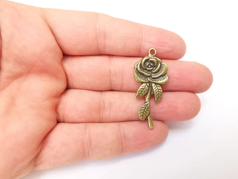 Rose Charms Flower Charms, Bronze Pendant, Earring Charms, Bronze Pendant, Necklace Pendant, Antique Bronze Plated Metal 42x17mm G35900