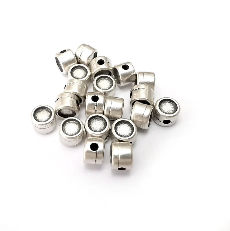 10 Round Beads, Blank Beads, Disc Rondelle, Middle Hole Beads, Disc Beads, Antique Silver Plated Metal Beads (5mm Both Side Blank) G36062