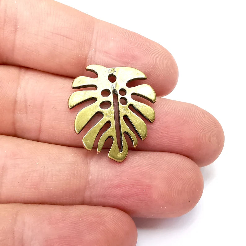 4 Bronze Monstera Leaf Charms, Jewelry Parts, Bronze Bracelet Component, Antique Bronze Finding, Antique Bronze Plated Metal (25x22mm) G36063