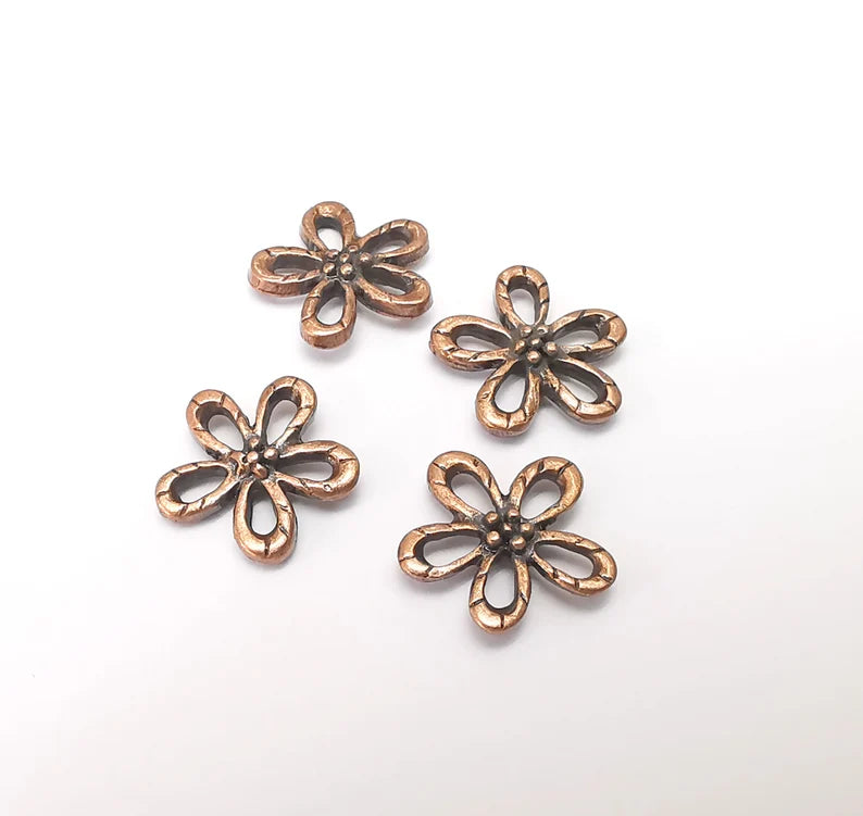 10 Flower Charms, Flower Findings, Flower Connector, Bracelet Component, Earring Charm, Necklace Parts, Antique Copper Plated 14mm G35925