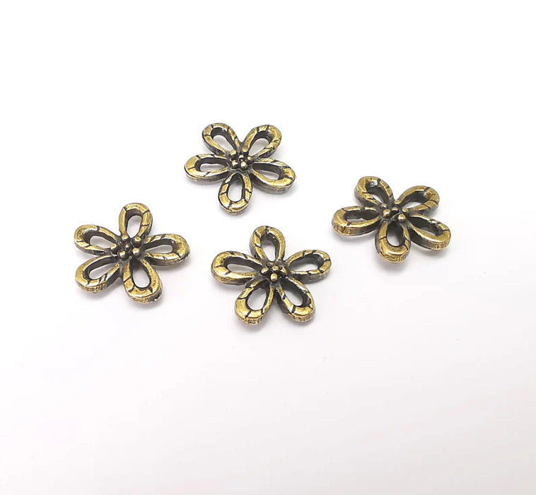 10 Flower Charms, Flower Findings, Flower Connector, Bracelet Component, Earring Charm, Necklace Parts, Antique Bronze Plated 14mm G35948