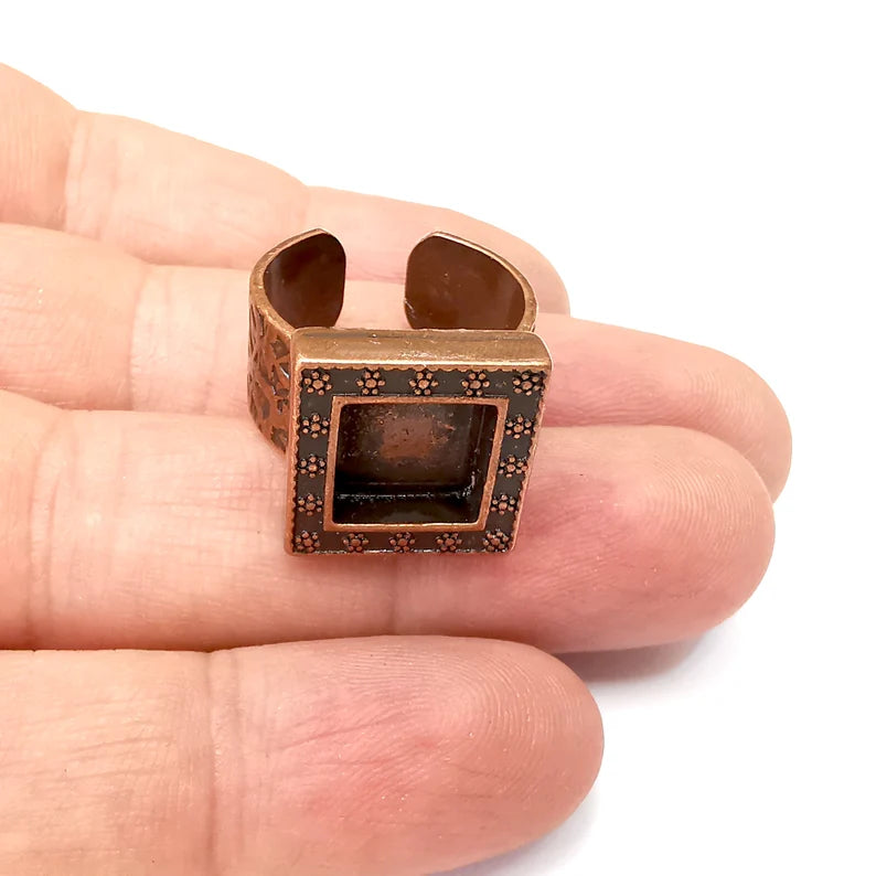 Copper Ring Setting, Cabochon Blank, Resin Bezel, Square Ring Mounting, Epoxy Frame Base, Adjustable Antique Copper Plated 10mm G36070