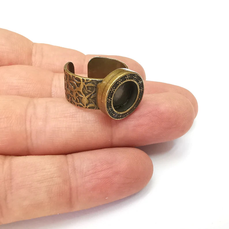 Bronze Ring Setting, Cabochon Blank, Resin Bezel, Round Ring Mounting, Epoxy Frame Base, Adjustable Antique Bronze Plated 10mm G36073