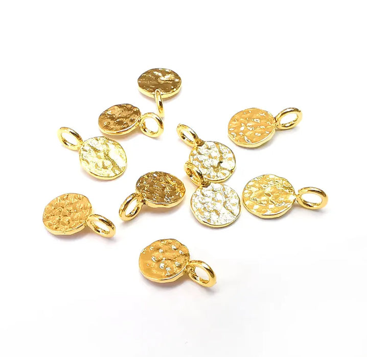 10 Hammered Small Disc Charms, (Double Sided), Gold Plated Brass (13x8mm) G36075