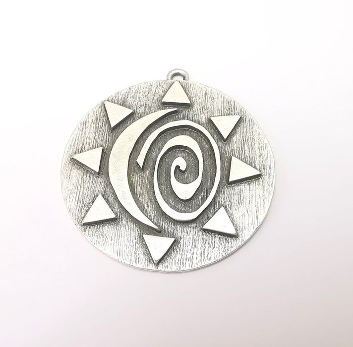 Silver Sun Pendant, Summer Pendant, Medallion Pendant, Silver Locket Pendant, Large Necklace Parts, Antique Silver Plated 61x55mm G35942