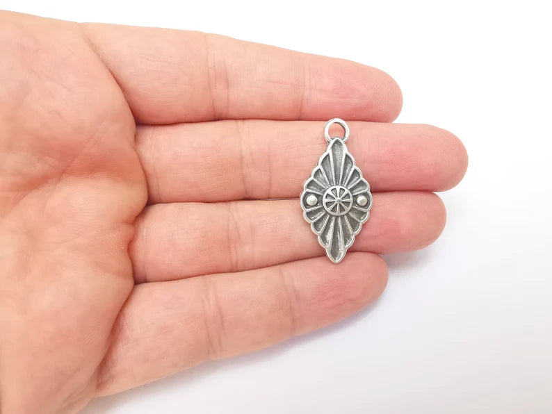 2 Silver Dangle Charms, Boho Charms, Rustic Charms, Earring Charms, Silver Pendant, Necklace Parts, Antique Silver Plated 34x17mm G35944