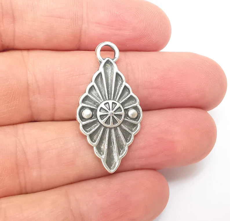 2 Silver Dangle Charms, Boho Charms, Rustic Charms, Earring Charms, Silver Pendant, Necklace Parts, Antique Silver Plated 34x17mm G35944