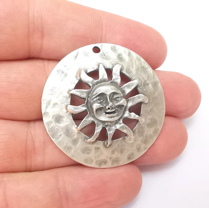 Silver Sun Pendant, Summer Pendant, Medallion Pendant, Silver Locket Pendant, Large Necklace Parts, Antique Silver Plated 41mm G35936