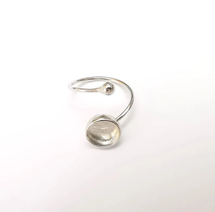 Shiny Silver Rod and Round Ring Setting, Cabochon Blank, Resin Bezel, Ring Mounting, Epoxy Base, Adjustable Rhodium Plated Brass 10mm G35927