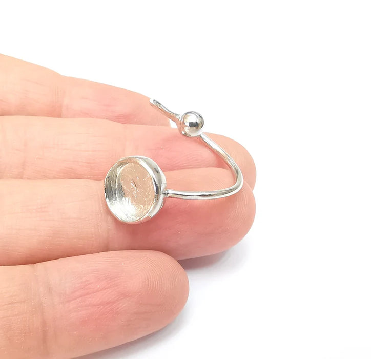 Shiny Silver Rod and Round Ring Setting, Cabochon Blank, Resin Bezel, Ring Mounting, Epoxy Base, Adjustable Rhodium Plated Brass 10mm G35927