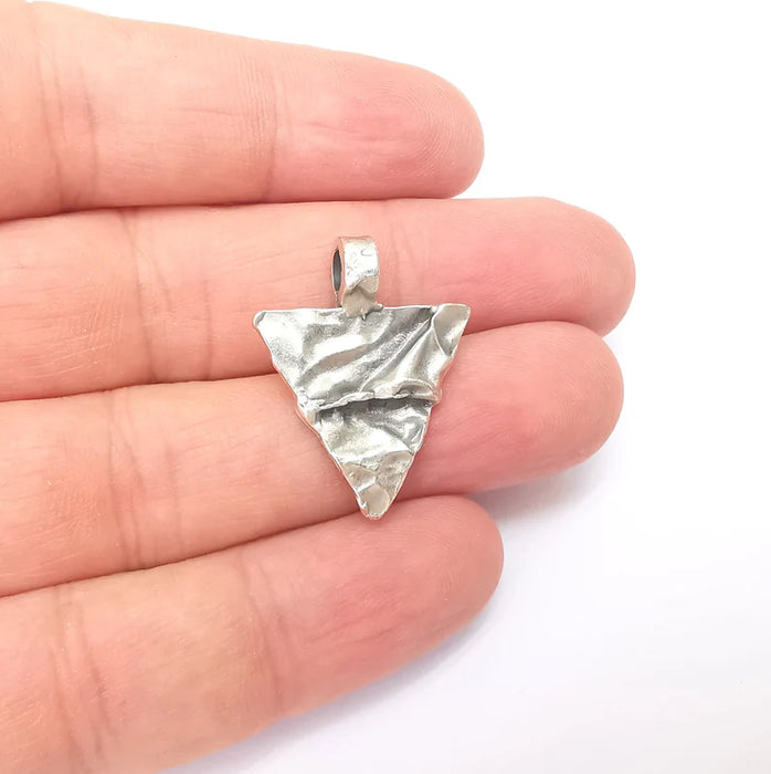 2 Triangle Dangle Charms, Boho Charms, Rustic Charms, Earring Charms, Silver Pendant, Necklace Parts, Antique Silver Plated 27x22mm G35947