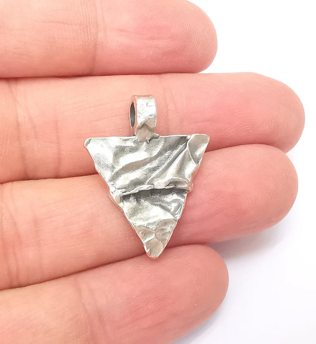 2 Triangle Dangle Charms, Boho Charms, Rustic Charms, Earring Charms, Silver Pendant, Necklace Parts, Antique Silver Plated 27x22mm G35947