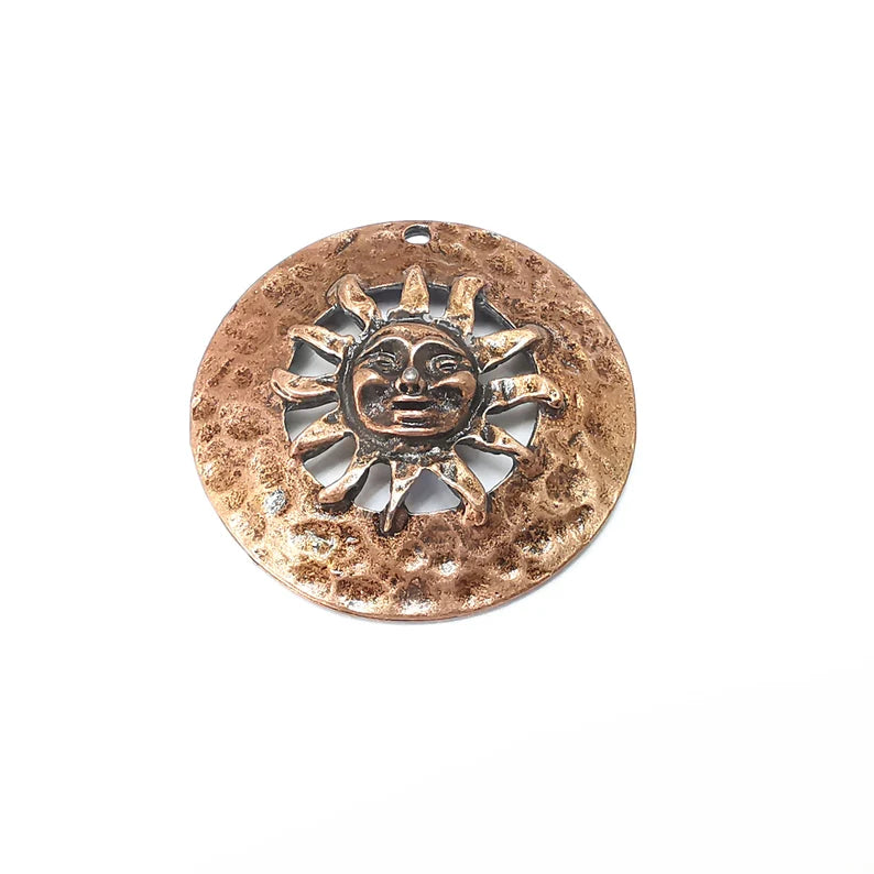 Copper Sun Pendant, Summer Pendant, Medallion Pendant, Copper Locket Pendant, Large Necklace Parts, Antique Copper Plated 41mm G35935