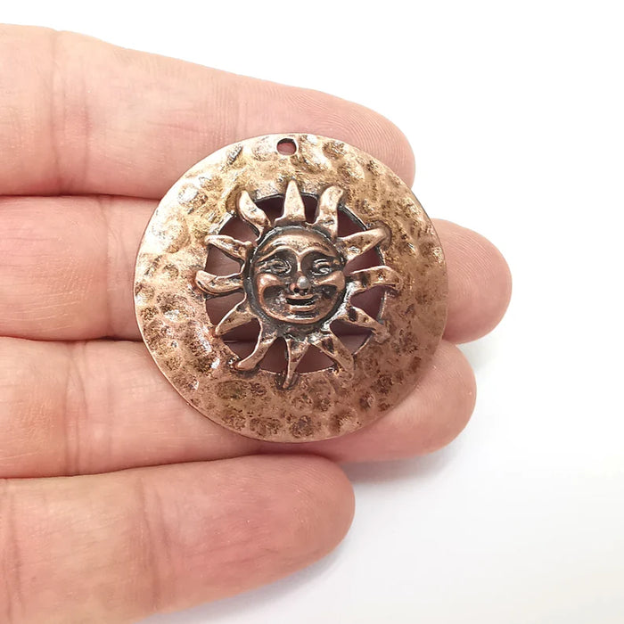 Copper Sun Pendant, Summer Pendant, Medallion Pendant, Copper Locket Pendant, Large Necklace Parts, Antique Copper Plated 41mm G35935