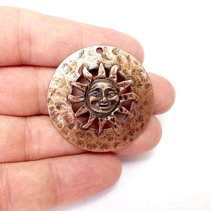 Copper Sun Pendant, Summer Pendant, Medallion Pendant, Copper Locket Pendant, Large Necklace Parts, Antique Copper Plated 41mm G35935