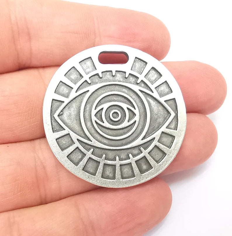 Silver Eye Pendant, Sun Pendant, Summer Pendant, Medallion Pendant, Locket Pendant, Large Necklace Parts, Antique Silver Plated 40mm G35930