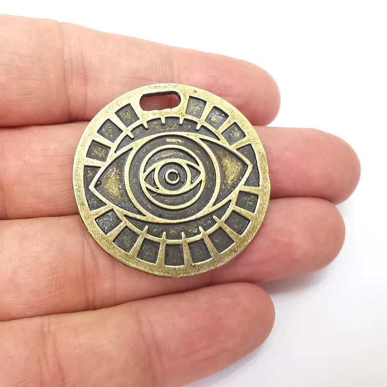 Bronze Eye Pendant, Sun Pendant, Summer Pendant, Medallion Pendant, Locket Pendant, Large Necklace Parts, Antique Bronze Plated 40mm G35950