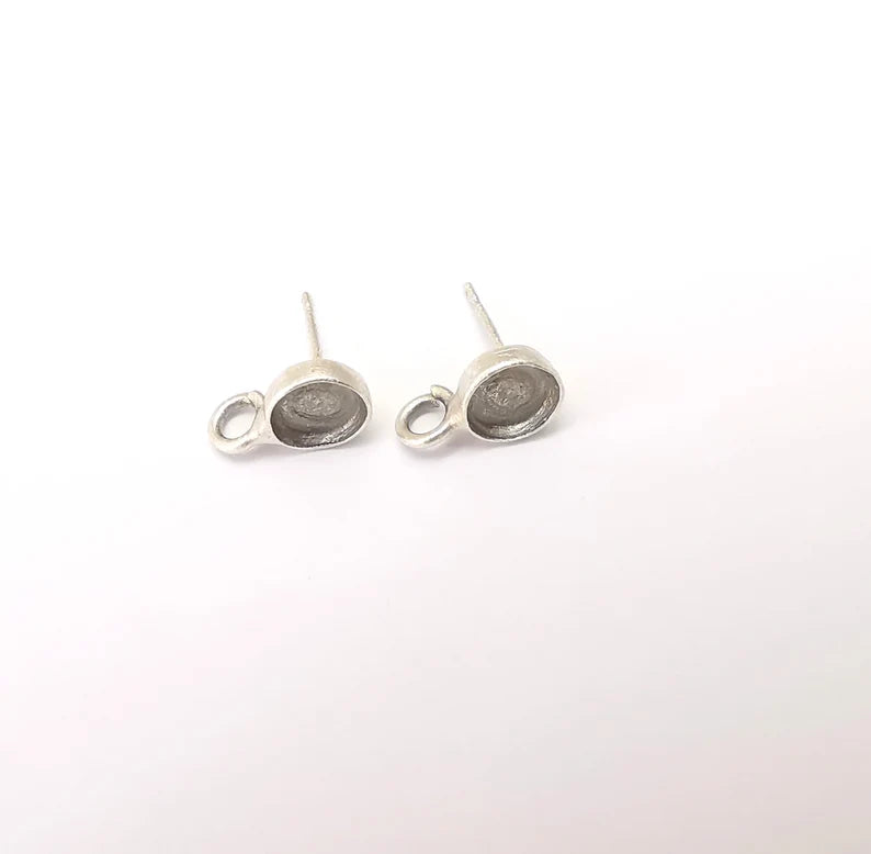 Earring Stud Base Blank with Loop, Earring Post, Ear Setting Resin Bezel, Cabochon Mounting, Antique Silver Plated Brass (6mm blanks) G35956