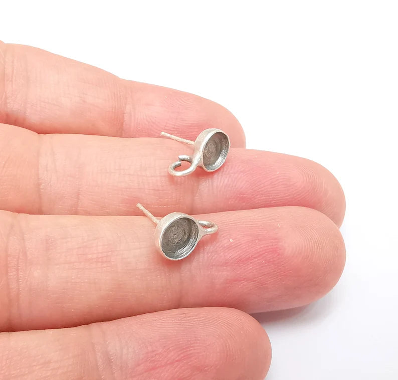 Earring Stud Base Blank with Loop, Earring Post, Ear Setting Resin Bezel, Cabochon Mounting, Antique Silver Plated Brass (6mm blanks) G35956