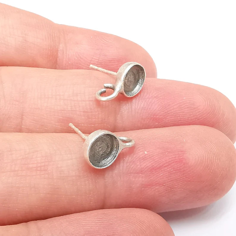 Earring Stud Base Blank with Loop, Earring Post, Ear Setting Resin Bezel, Cabochon Mounting, Antique Silver Plated Brass (6mm blanks) G35956