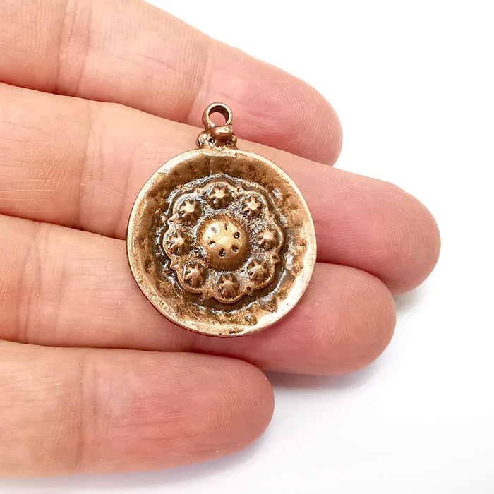 Flower Copper Charms, Nature Charms, Dangle Charm, DIY Charms, Earring Charm, Round Necklace Parts, Antique Copper Plated 34x27mm G35957