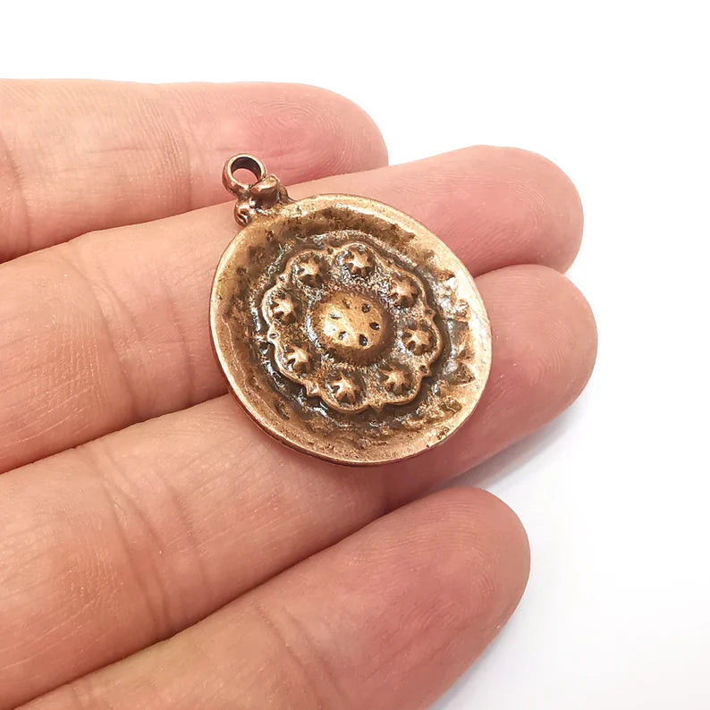 Flower Copper Charms, Nature Charms, Dangle Charm, DIY Charms, Earring Charm, Round Necklace Parts, Antique Copper Plated 34x27mm G35957