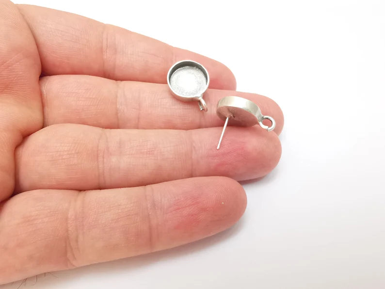 Earring Stud Base Blank with Loop, Earring Post, Ear Setting Resin Bezel, Cabochon Mounting, Antique Silver Plated Brass (12mm blank) G35960