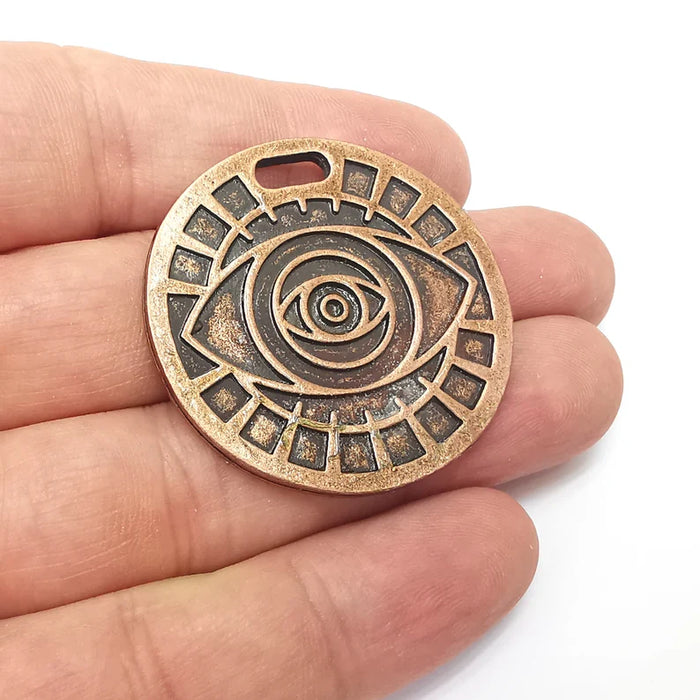 Copper Eye Pendant, Sun Pendant, Summer Pendant, Medallion Pendant, Locket Pendant, Large Necklace Parts, Antique Copper Plated 40mm G35958