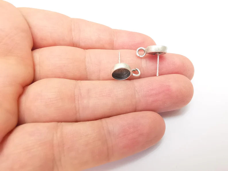 Earring Stud Base Blank with Loop, Earring Post, Ear Setting Resin Bezel, Cabochon Mounting, Antique Silver Plated Brass (8mm blank) G35965