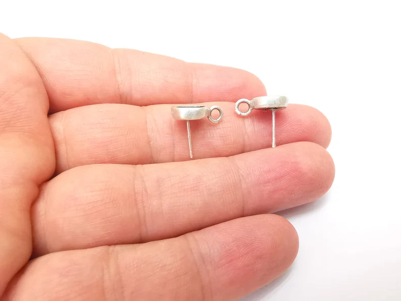 Earring Stud Base Blank with Loop, Earring Post, Ear Setting Resin Bezel, Cabochon Mounting, Antique Silver Plated Brass (8mm blank) G35965