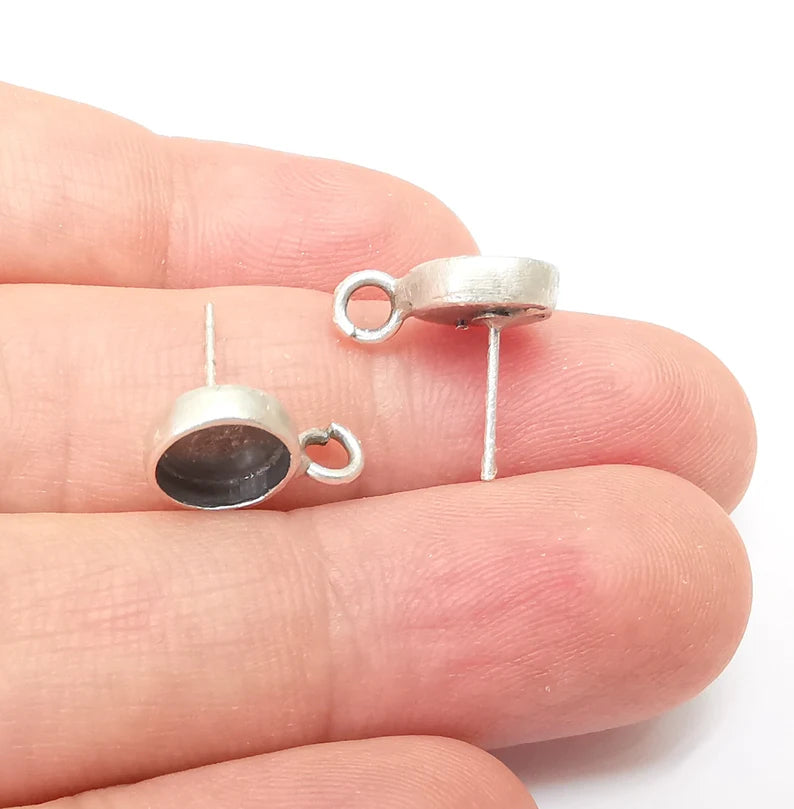 Earring Stud Base Blank with Loop, Earring Post, Ear Setting Resin Bezel, Cabochon Mounting, Antique Silver Plated Brass (8mm blank) G35965