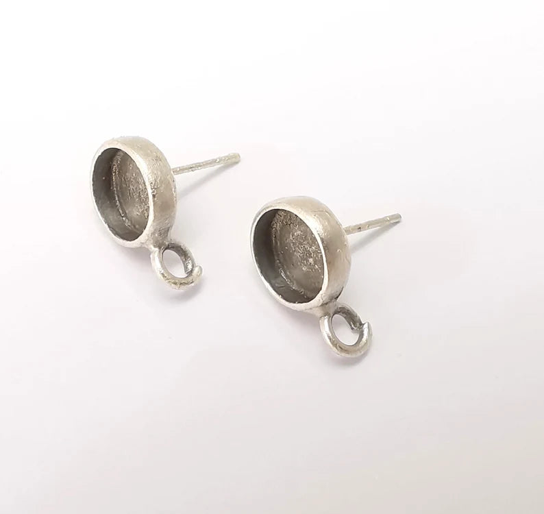 Earring Stud Base Blank with Loop, Earring Post, Ear Setting Resin Bezel, Cabochon Mounting, Antique Silver Plated Brass (8mm blank) G35965